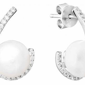 Elegante Perlenohrstecker weiß rund 9-10 mm, Zirkoniabogen, 925er Silber, Gaura Pearls, Estland*