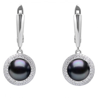 Elegante schwarze Perlenohrringe hängend rund 9-9.5 mm, Zirkonia, Engl. Verschluss, 925er Silber, Gaura Pearls, Estland*
