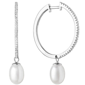 Eleganter Perlenohrring (Creolen) weiß tropfen 7.5-8.5 mm, Zirkonia, 925er Silber, Gaura Pearls, Estland*