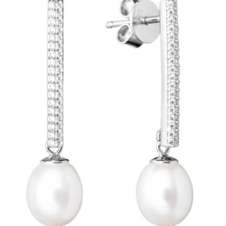 Eleganter Perlenohrring Steckverschluss lang weiß rund 8.5-9 mm, Zirkonia, 925er Silber, Gaura Pearls, Estland*