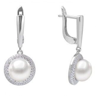 Eleganter Perlenohrring hängend weiß rund 9-9.5 mm, Zirkonia, Sich.verschluss 925er Silber, Gaura Pearls, Estland*