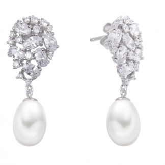 Eleganter Perlenohrring hängend weiß tropfen 9-9.5 mm, Zirkonia, 925er Silber, Gaura Pearls, Estland*