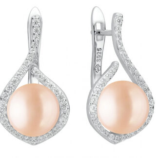 Eleganter Perlenohrring rosa button 8.5-9 mm, Zirkoniabogen, Englischer Verschluss, 925er Silber, Gaura Pearls, Estland*