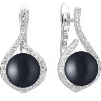 Eleganter Perlenohrring schwarz button 8.5-9 mm Zirkoniabogen, Englischer Verschluss, 925er Silber, Gaura Pearls*