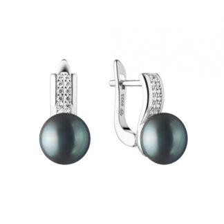 Eleganter Perlenohrring schwarz rund 9-9.5 mm, Zirkonia, Englischer Verschluss, 925er Silber, Gaura Pearls, Estland*