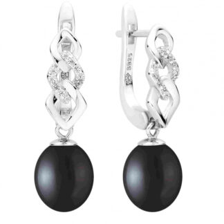 Eleganter Perlenohrring tropfen schwarz reis 8-8.5 mm, Zirkonia, engl. Verschluss, 925er Silber, Gaura Pearls*