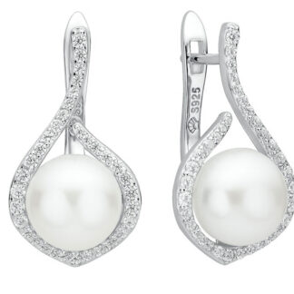 Eleganter Perlenohrring weiss button 8.5-9 mm, Zirkoniabogen, Englischer Verschluss, 925er Silber, Gaura Pearls, Estland*