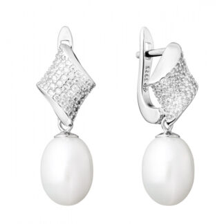 Eleganter Perlenohrring weiß tropfen 8-8.5 mm, Zirkonia, Englischer Verschluss, 925er Silber, Gaura Pearls, Estland*