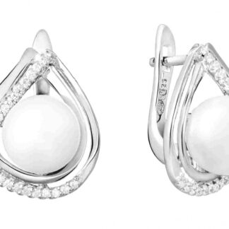 Eleganter Perlenohrring weiße rund 8.5-9 mm, Zirkonia, Englischer Verschluss, 925er Silber, Gaura Pearls, Estland*