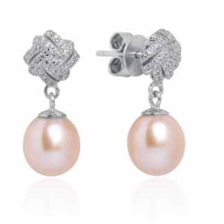 Eleganter Perlenohrstecker rosa tropfen 8-8.5 mm, Zirkonia, Sicherheitsverschluss 925er Silber, Gaura Pearls, Estland*