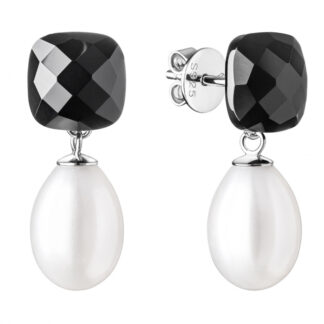 Eleganter Perlenohrstecker weiß reisförmig 8.5-9 mm, Onyx schwarz, 925er Silber Sich.verschluss, Gaura Pearls, Estland*