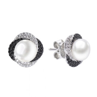 Eleganter Perlenohrstecker weiß rund 7-8 mm, Zirkonia, 925er Silber Sicherheitsverschluss , Gaura Pearls, Estland*