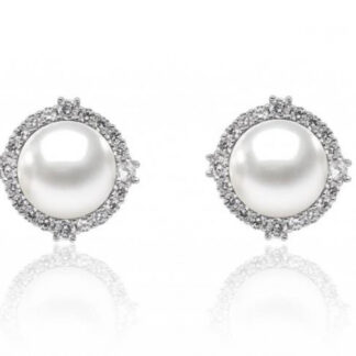 Eleganter Perlenohrstecker weiß rund 9.5-10 mm, Zirkonia, 925er Silber Sicherheitsverschluss, Gaura Pearls, Estland*