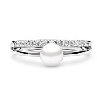 Eleganter Perlenring weiß mit parallelem Zirkoniaring, 925er rhodiniertes Silber, Gaura Pearls, Estland*