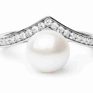 Eleganter Ring mit weißer Perle 7.5-8 mm in V-förmiger Zirkonia-Einfassung, 925er Silber, Gaura Pearls, Estland*
