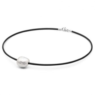 Gaura Pearls Halskette - Perle, weiß, Kasumi like, 38 cm, Leder, 925 Silber*