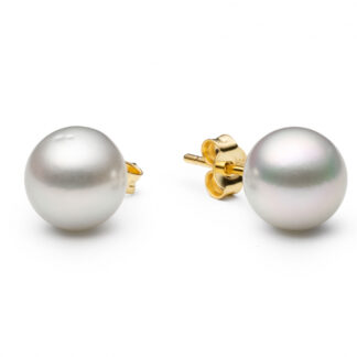 Gaura Pearls Perlenohrstecker - grau, rund, Akoya, 9 mm, 585 Gelbgold*