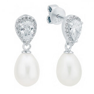 Gaura Pearls Perlenohrstecker - weiß, Tropfen, 7.5 mm, Zirkonia, 925 Silber*