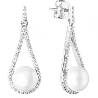 Gaura Pearls Perlenohrstecker - weiß, rund, hängend, Zirkonia, 925 Silber*