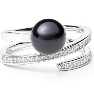 Gaura Pearls Perlenring - schwarz, geschwungen, Zirkonia, 925 Silber*