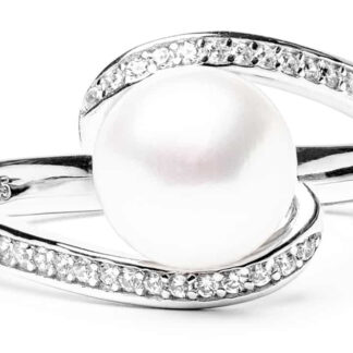 Geschwungener Perlenring weiß 7.5-8 mm mittig, Zirkonia, 925er rhodiniertes Silber, Gaura Pearls, Estland*