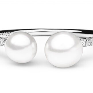 Geschwungener Ring mit 2 weißen Perlen 5-5.5, 6-6.5 mm und Zirkonia, 925er rhodiniertes Silber, Gaura Pearls, Estland*
