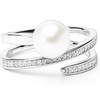 Geschwungener Ring mit weißer Perle 8-8.5 mm, Zirkonia, 925er rhodiniertes Silber, Gaura Pearls, Estland*