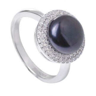 Klassischer Ring mit schwarzer Perle 9.5-10 mm eingefasst mit Zirkonia, 925er rhodiniertes Silber, Gaura Pearls, Estland*