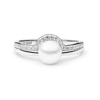 Perlenring weiß 7.5-8mm umfasst mit Zirkonia, 925er rhodiniertes Silber, Gaura Pearls, Estland*