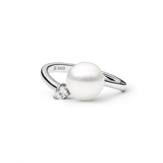 Perlenring weiß geschwungen 8.5-9mm mit Zirkonia groß, 925er rhodiniertes Silber, Gaura Pearls, Estland*