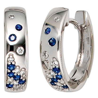 SIGO Creolen 585 Gold Weißgold 18 Diamanten Brillanten 14 Safire blau Ohrringe*